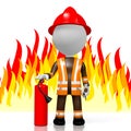 3D fireman with extinguisher, flames in background Royalty Free Stock Photo