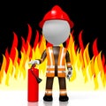 3D fireman with extinguisher, flames in background Royalty Free Stock Photo