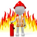 3D fireman with extinguisher, flames in background Royalty Free Stock Photo