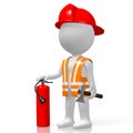 3D fireman with extinguisher, white background Royalty Free Stock Photo