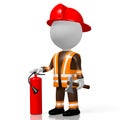 3D fireman with extinguisher, white background Royalty Free Stock Photo
