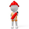 3D fireman holding fire extinguisher, white background