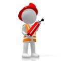 3D fireman holding fire extinguisher, white background