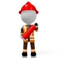 3D fireman holding fire extinguisher, white background