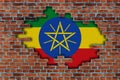 3D Flag of Ethiopia behind the broken stone wall Royalty Free Stock Photo