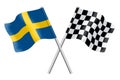3D Flags of Sweden and Checkered isolated on white background