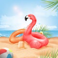3d flamingo flyer. Summertime background summer pool party, inflatables beach ring for swim ocean water splash, pink