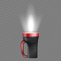 3d flashlight with light isolated on transparent background. Realistic torch portable electric lamp