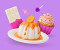 3d Floating Panna Cotta with Orange, Cupcake and Chocolate Sweet Dessert Food Cartoon Style. Vector