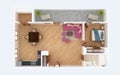 3D floor plan section. Apartment house interior overhead top view.