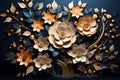 3d floral craft wallpaper. orange, rose, golden and yellow flowers in light background. for kids room wall decor art