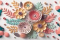 3d floral craft wallpaper. orange, rose, green, and yellow flowers on a light background. for kids\' room wall decor