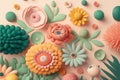 3d floral craft wallpaper. orange, rose, green and yellow flowers in light background. for kids room wall decor