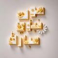 3D Floral Gold Arabesque Lettering of Mawlid Nabi Muhammad, Islamic graphic design for Greeting card