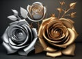 3d floral mural wallpaper. Golden and silver flowers in dark background