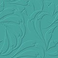 3d floral seamless pattern. Textured beautiful embossed flowers relief background. Repeat emboss turquoise backdrop. Surface line