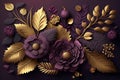 3d flowers and leaves background in dark soft plum, violet and gold, floral botanical wallpaper