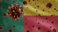 3D, Flu coronavirus floating over Beninese flag. Benin and pandemic Covid 19