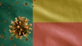 3D, Flu coronavirus floating over Beninese flag. Benin and pandemic Covid 19