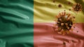 3D, Flu coronavirus floating over Beninese flag. Benin and pandemic Covid 19