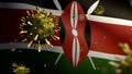 3D, Flu coronavirus floating over Kenyan flag. Kenya and pandemic Covid 19