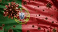 3D, Flu coronavirus floating over Portuguese flag. Portugal pandemic Covid 19 Royalty Free Stock Photo