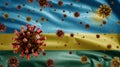 3D, Flu coronavirus floating over Rwandese flag. Rwanda and pandemic Covid 19 Royalty Free Stock Photo