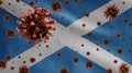 3D, Flu coronavirus floating over Scottish flag. Scotland and pandemic Covid 19 Royalty Free Stock Photo