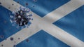 3D, Flu coronavirus floating over Scottish flag. Scotland and pandemic Covid 19 Royalty Free Stock Photo