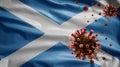 3D, Flu coronavirus floating over Scottish flag. Scotland and pandemic Covid 19 Royalty Free Stock Photo