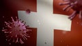 3D, Flu coronavirus floating over Switzerland flag. Swiss and pandemic Covid 19