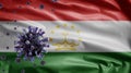 3D, Flu coronavirus floating over Tajikistani flag. Tajikistan pandemic Covid 19