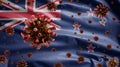 3D, Flu coronavirus over New Zealander flag. New Zealand and pandemic Covid 19