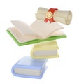 3D flying Books and Diploma scroll graduate Icon. Render Education or Business Literature. E-book, Encyclopedia