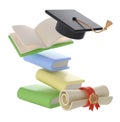 3D flying Books, Diploma scroll and university or college black cap graduate Icon. Render Education or Business