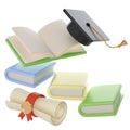 3D flying Books, Diploma scroll and university or college black cap graduate Icon. Render Education or Business