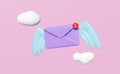 3d Flying closed envelope with wings, cloud isolated on pink background. notify newsletter, online incoming email concept, 3d