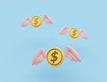3d flying dollar coin wings isolated on blue background. saving money wealth business concept, 3d render illustration Royalty Free Stock Photo
