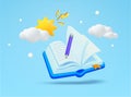 3d flying opened book with writing pencil in the sky, white clouds and sun, isolated on background. Banner concept for