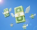 3D Flying stack of money on blue background Royalty Free Stock Photo