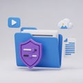 3D Folder Icon with Security Shield and Cloud Storage Symbol blue purple Royalty Free Stock Photo