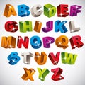 3D font, bold colorful alphabet.