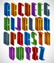 3d font, vector tall thin letters, geometric dimensional alphabet.