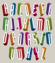 3d font, vector tall thin letters, geometric dimensional alphabet made with round shapes.