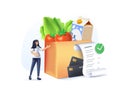 3D food delivery concept. Grocery store. Character standing near shopping bag filled with healthy, plant-based grocery