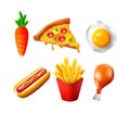 3d food icon set. Fast food realistic cartoon render vector collection with pizza, chicken leg, egg, fried potatoes Royalty Free Stock Photo