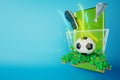 3d football on greenfield. watching sport online from a smartphone. football ball in the goal concept. 3d illustrator. sport