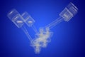 3D four-cylinder car engine, blueprint, wireframe Royalty Free Stock Photo