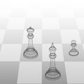 3d frame illustration chess pieces king, queen and pawn on a chessboard in perspective