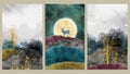 3d frames for home wall decoration. Marbled deer, golden trees, clouds, golden moon and colorful mountains in light landscape